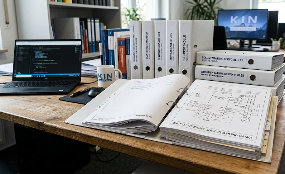 Arbeitsplatz mit technischer Dokumentation bei KIN Automation