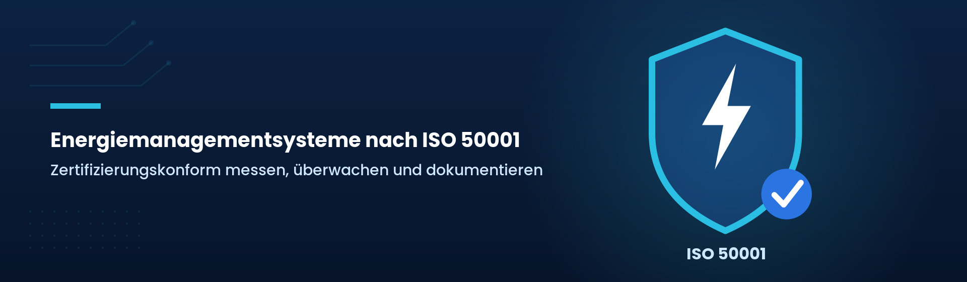 Grafik: Energiemanagementsysteme nach ISO 50001 – Schild mit Energieblitz und Prüfsiegel