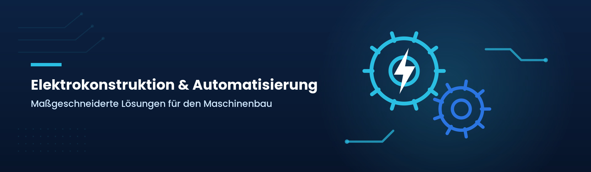 Grafik: Elektrokonstruktion und Automatisierung – Zahnräder mit Energieblitz und Leiterbahnen